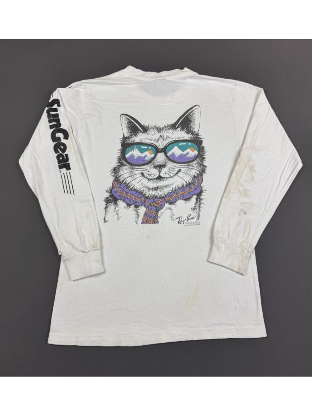 Rare Vintage 80s Ray Ban Sunglasses Baush & Lomb Sungear Cat Art Long Sleeve Tee